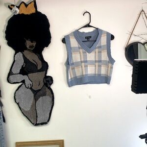 Blue and crème, plaid, cropped sweater vest, Size medium